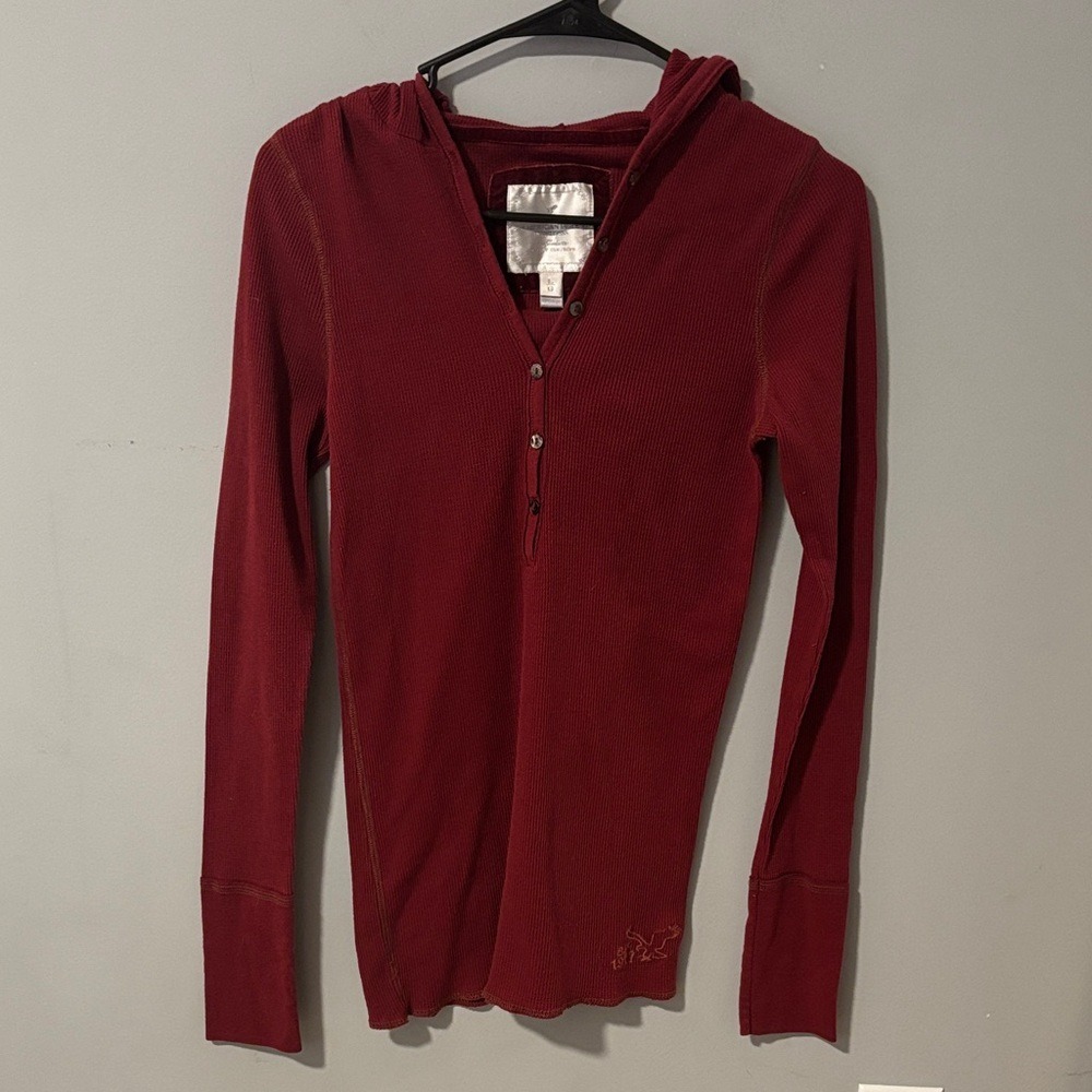 Y2K Vintage American‎ Eagle Hooded Long Sleeve Henley Ribbed Women's Size L
